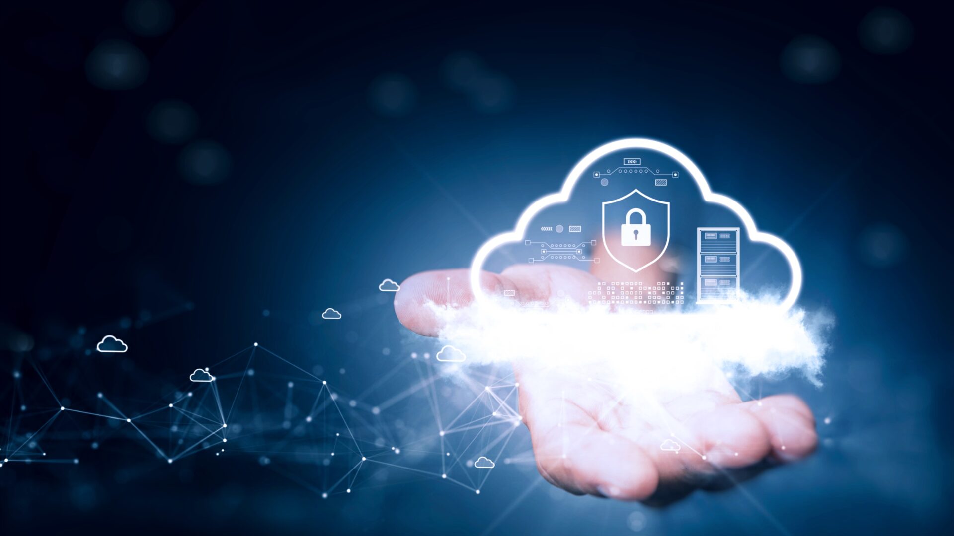 Cloud and edge computing technology concepts with cybersecurity data protection. Icon and abstract cloud above the prominent right hand. polygons connected on a dark blue background. Cloud and edge computing technology concepts with cybersecurity data protection. Icon and abstract cloud above the prominent right hand. polygons connected on a dark blue background.